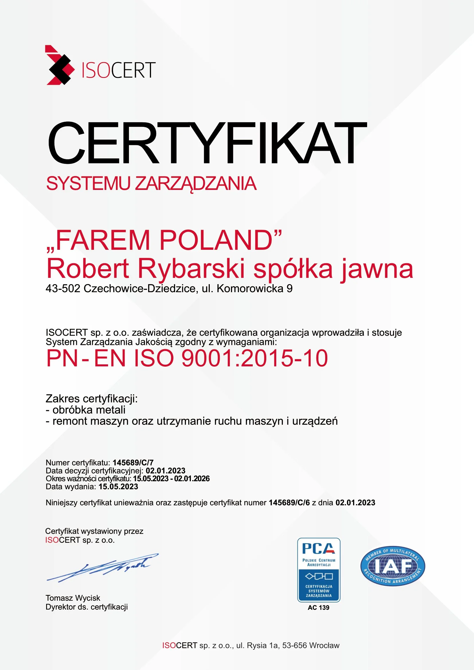 Certyfikat ISO farem